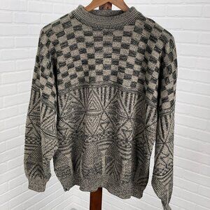 Expressions‎ Intl Sweater Mens XLarge Tan Black Geometric Check Acrylic 90s VTG